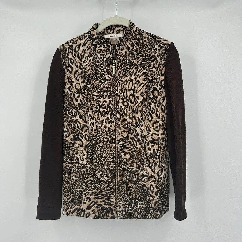 TanJay Womens Maximalist Leopard Print Mixed Media Jacket Size S Layering Bold